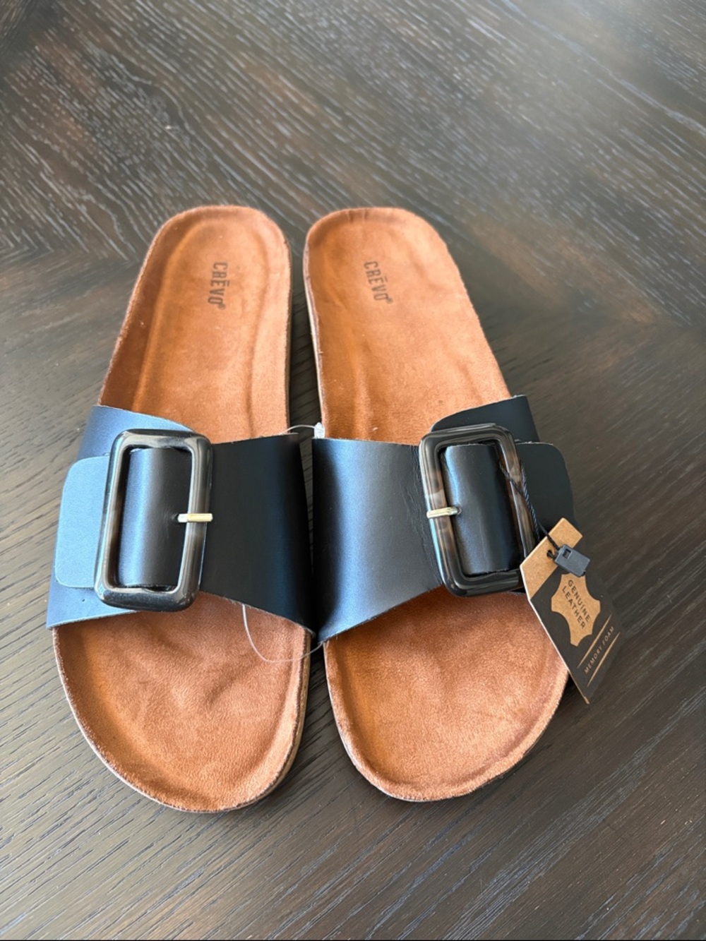 Crevo Celina Black Leather Buckle Slide Sandals w: Brown Suede Footbed NWT sz11
